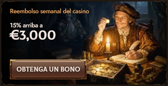Casino cashback bonus banner with 15% up to €3,000 and "Obtenga un bono" button