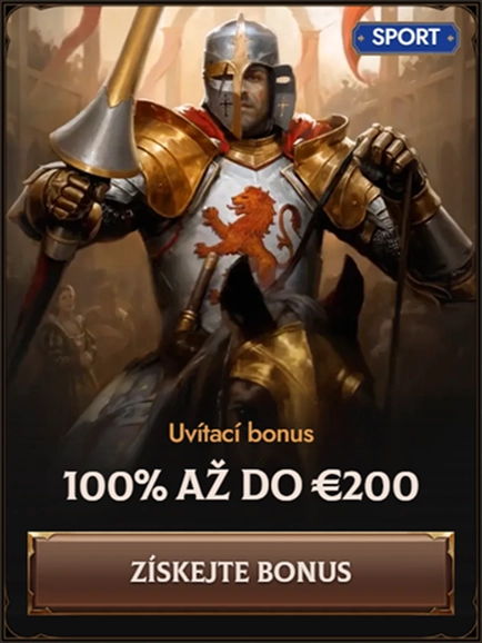 Welcome bonus 100% up to €200 banner with knight illustration