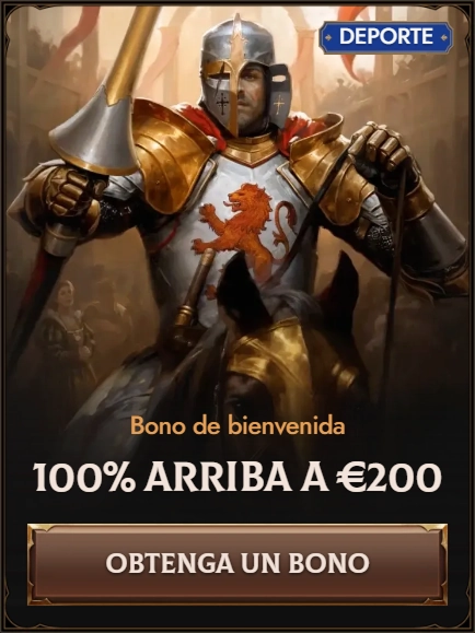 Welcome bonus 100% up to €200 sports promotion with knight illustration