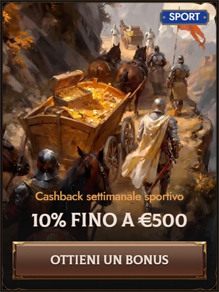 Sport cashback 10% up to €500 banner with knights and treasure cart