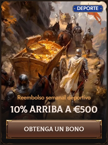 Sports cashback 10% up to €500 banner with medieval knights and treasure cart