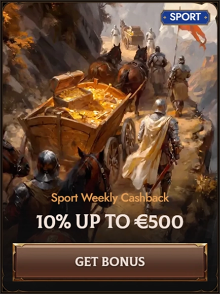 Sport Weekly Cashback 10% up to €500 offer with knights and treasure cart