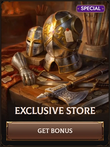 Exclusive Store Crusado Casino banner with armor and weapons
