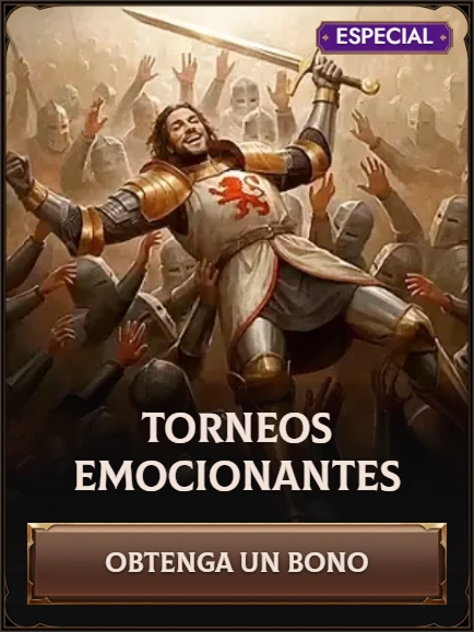 Exciting tournaments banner with knight celebrating and "Get a bonus" button