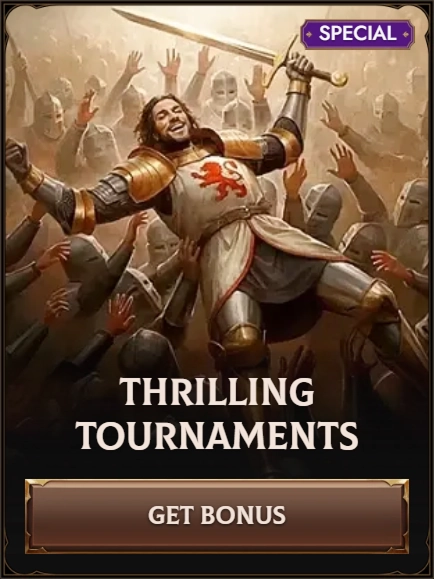 Thrilling tournaments banner with knight celebrating victory