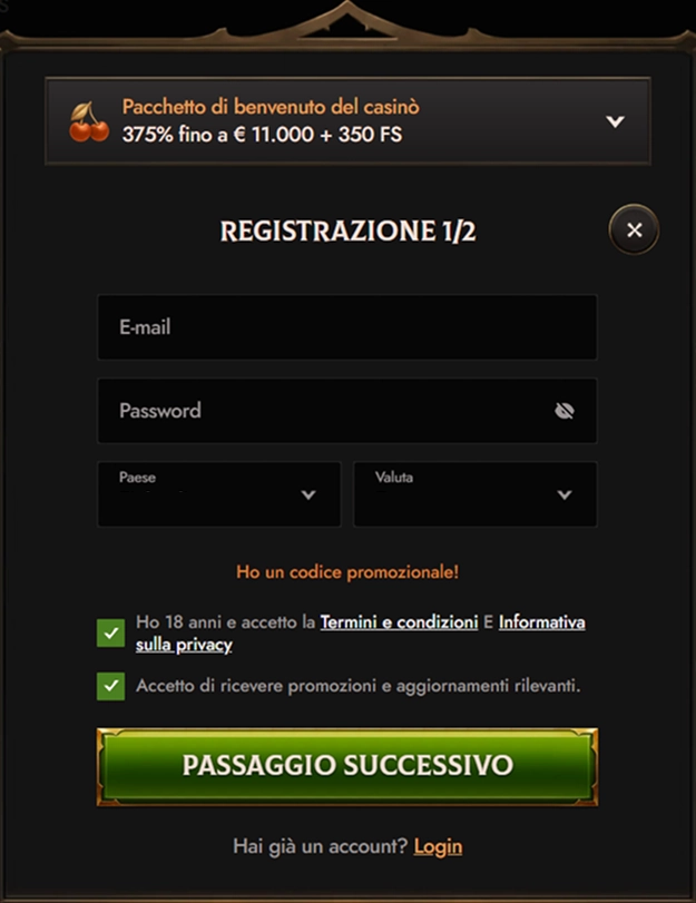 Crusado Casino registration form with email, password, and country fields