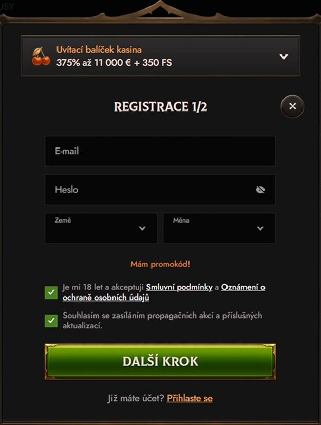 Crusado Casino registration page with email, password, and country fields
