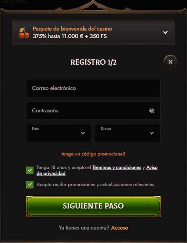 Crusado Casino mobile registration form with email, password, country, and currency fields
