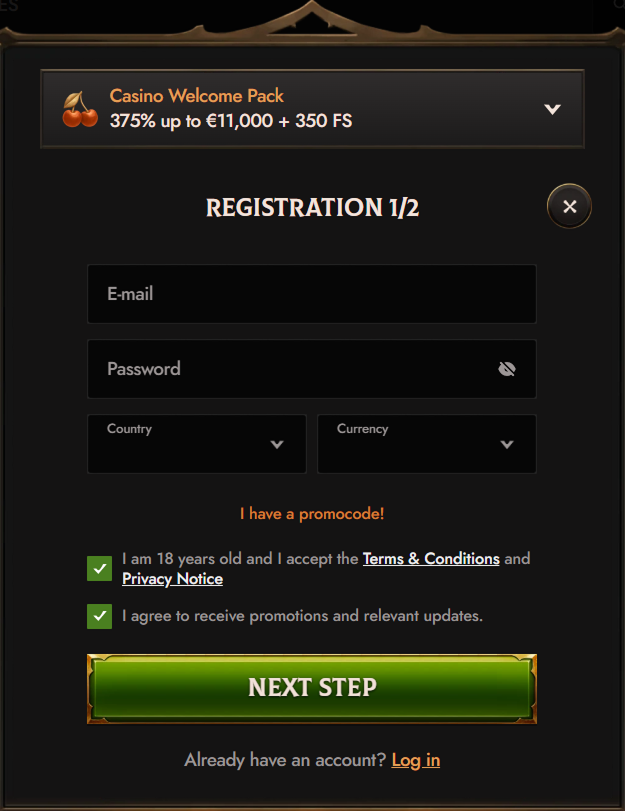 Crusado Casino registration form with welcome pack details and fields for email, password, country, and currency