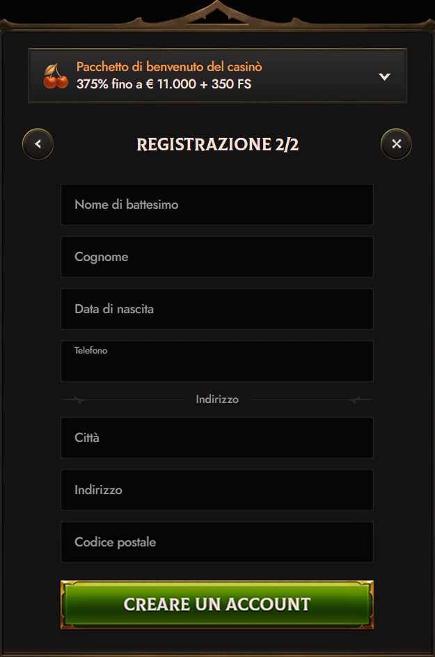 Crusado Casino registration form page 2 with fields for name and address