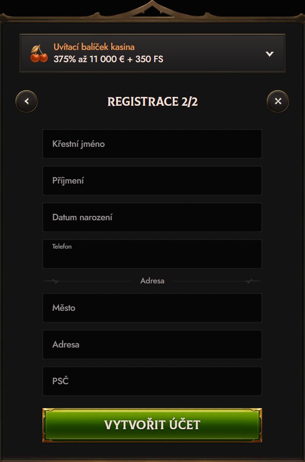 Crusado Casino registration form with fields for name, DOB, and address