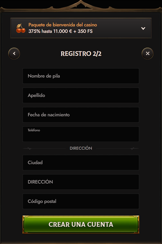 Crusado Casino registration form with fields for name, birthdate, and address