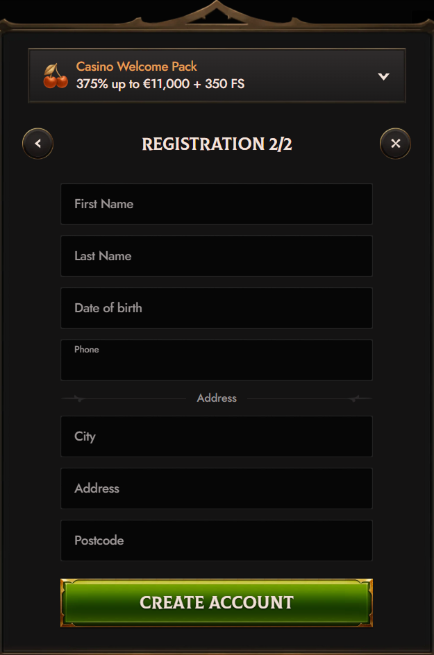 Crusado Casino registration form showing personal details and address fields