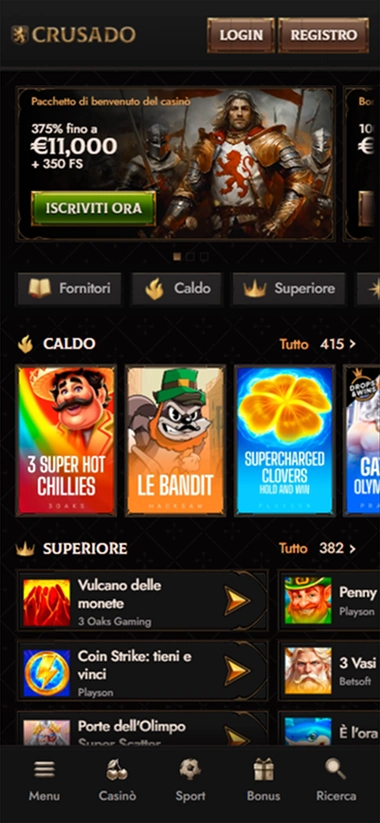 Crusado Casino mobile lobby with slot game grid and bonus banner