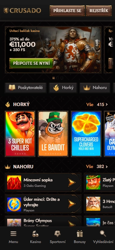 Crusado Casino mobile lobby with slot game grid and welcome bonus banner
