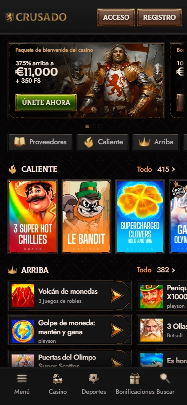 Crusado Casino mobile lobby with slot game grid and welcome bonus banner