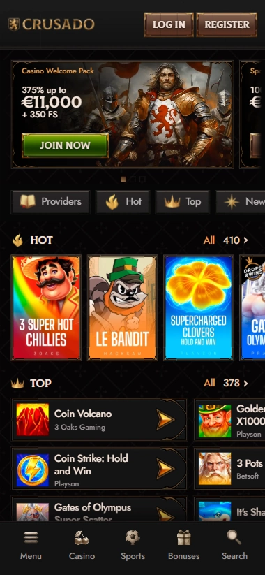 Crusado Casino mobile lobby with slot game grid and promotional banner