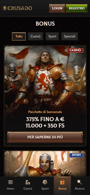 Crusado Casino mobile bonus banner with 375% up to €11,000 + 350 FS