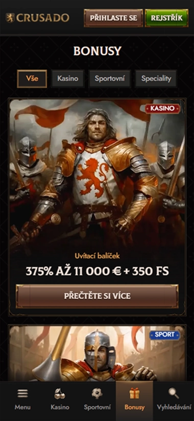 Crusado Casino mobile bonus screen with 375% up to €11,000 + 350 FS offer
