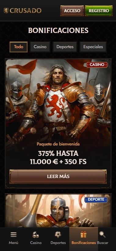 Crusado Casino promotional banner with 375% bonus up to €11,000 + 350 FS