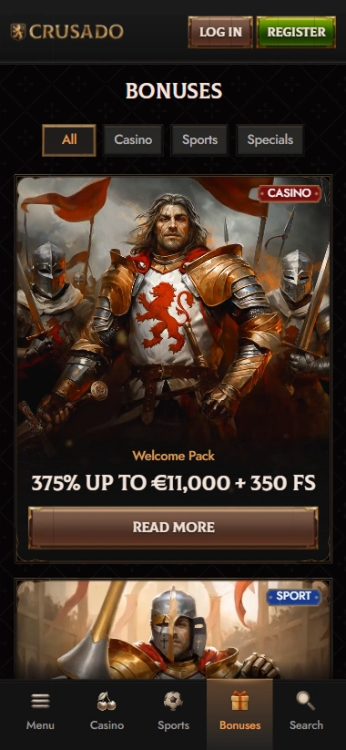 Crusado Casino mobile promotions page with welcome pack offer
