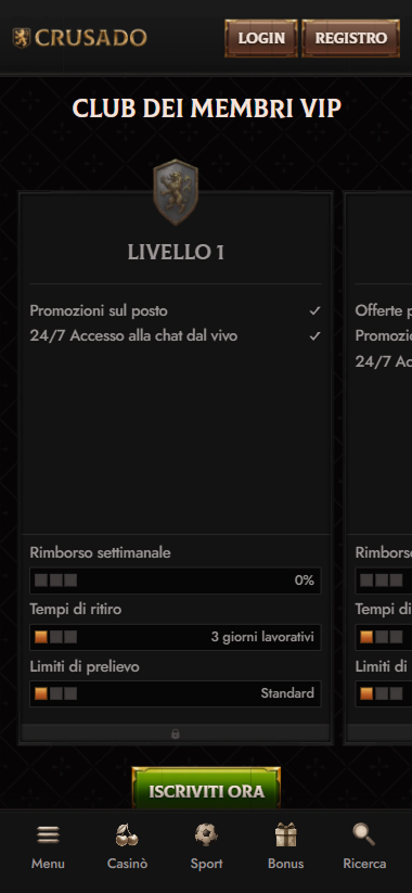 Crusado Casino mobile screen showing VIP club levels and benefits