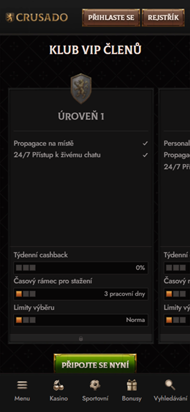 Crusado Casino mobile VIP club screen showing loyalty levels and benefits