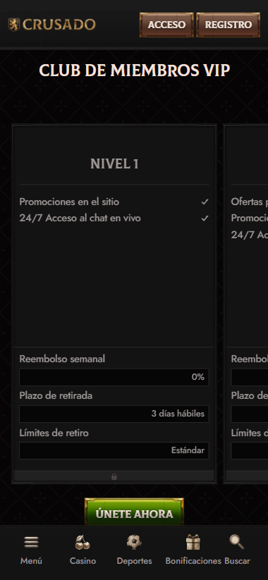 Crusado Casino mobile VIP club screen showing level 1 benefits and weekly cashback
