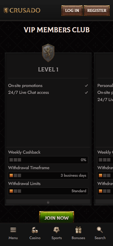 Crusado Casino mobile VIP Members Club screen showing Level 1 benefits
