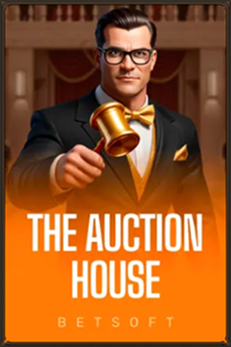 The Auction House slot game by Betsoft featuring an auctioneer with a gavel