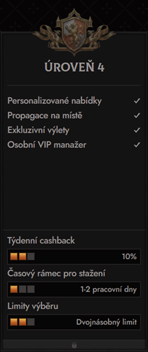 Crusado Casino level 4 benefits: personalized offers, on-site propagation, exclusive tickets, VIP manager, 10% cashback.